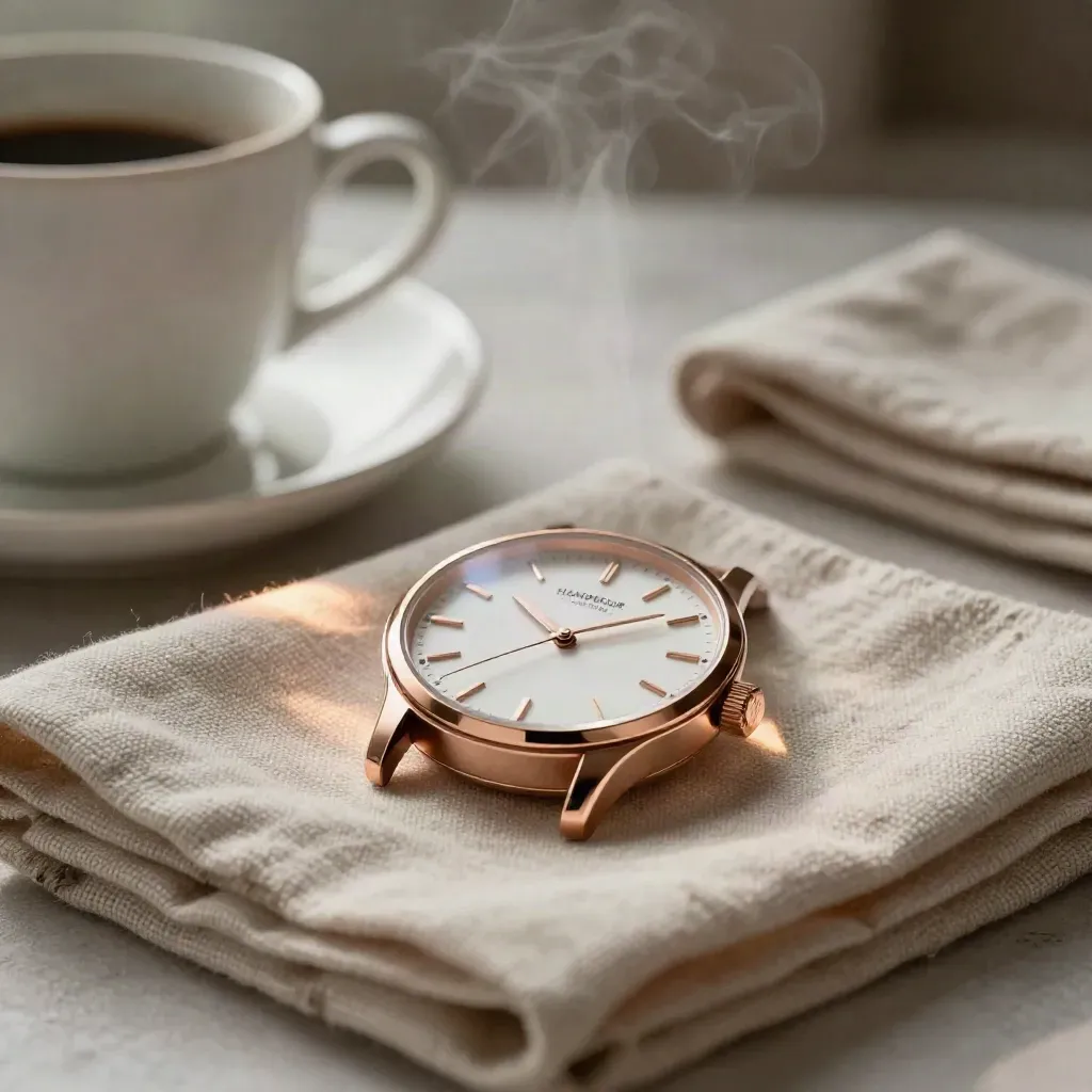 Harbour Quartz Rose watch on linen beside a cup, tray and folded cloth with soft steam