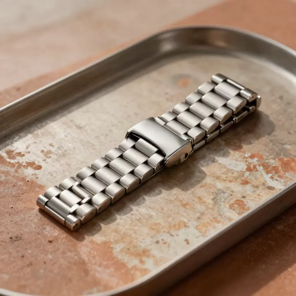 Steel bracelet watch on brushed tray in terracotta-toned atelier light