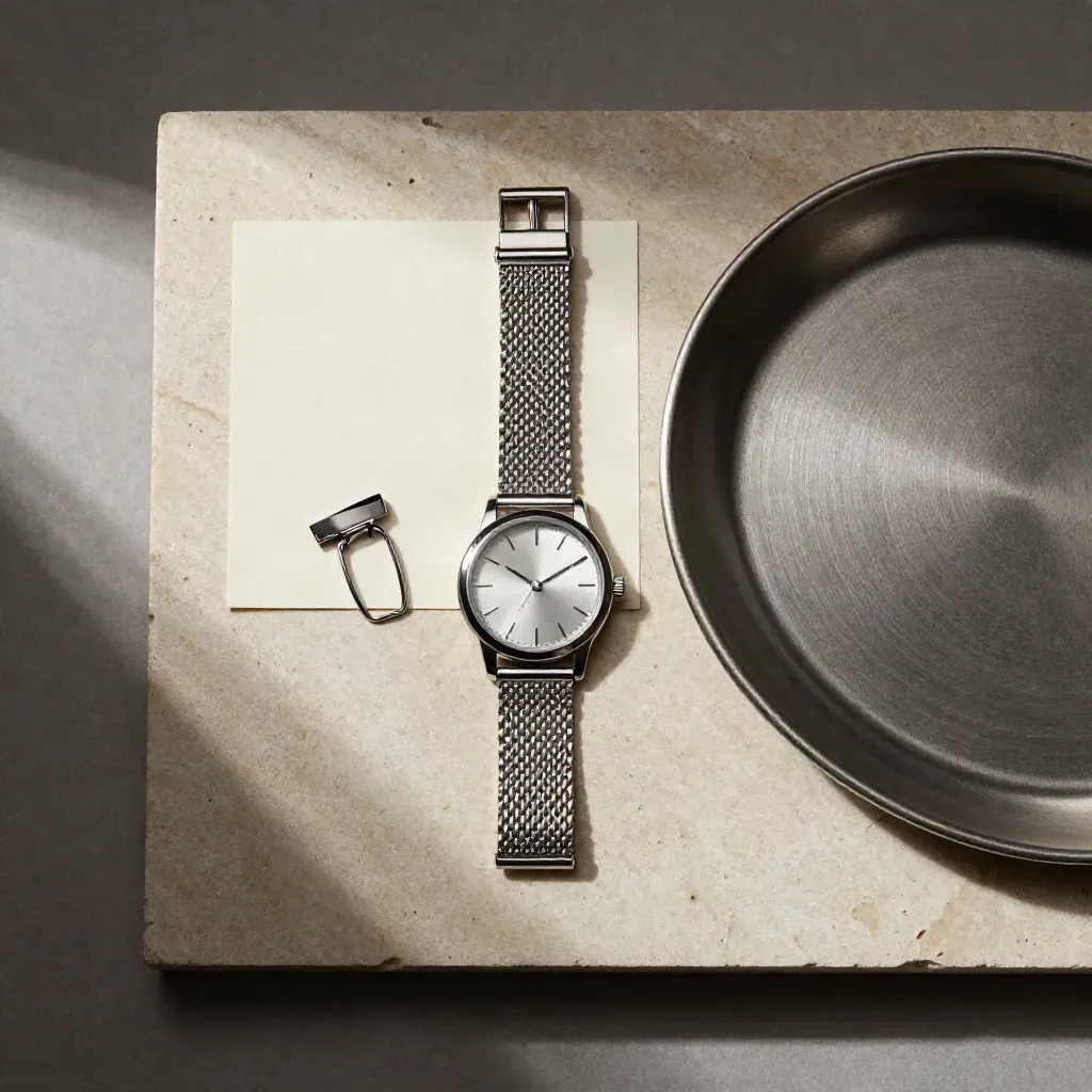 Overhead silver mesh watch flatlay with clasp, tray, and cream card on pale stone.